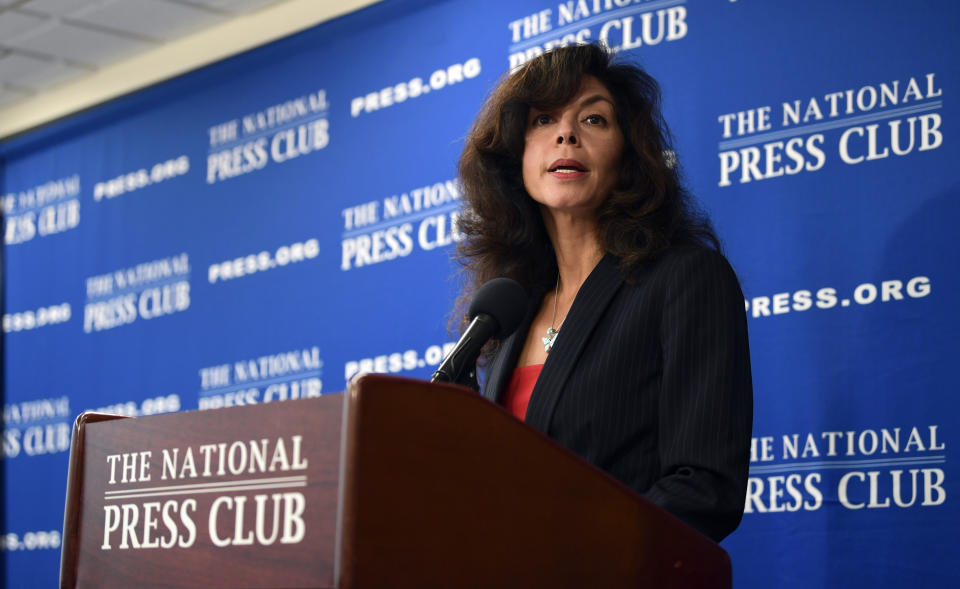 Ashley Tabaddor, a federal immigration judge in Los Angeles who serves as the President of the National Association of Immigration Judges, speaks at the National Press Club​ in Washington, Friday, Sept. 21, 2018, on the pressures on judges and the federal immigration court system. (AP Photo/Susan Walsh)