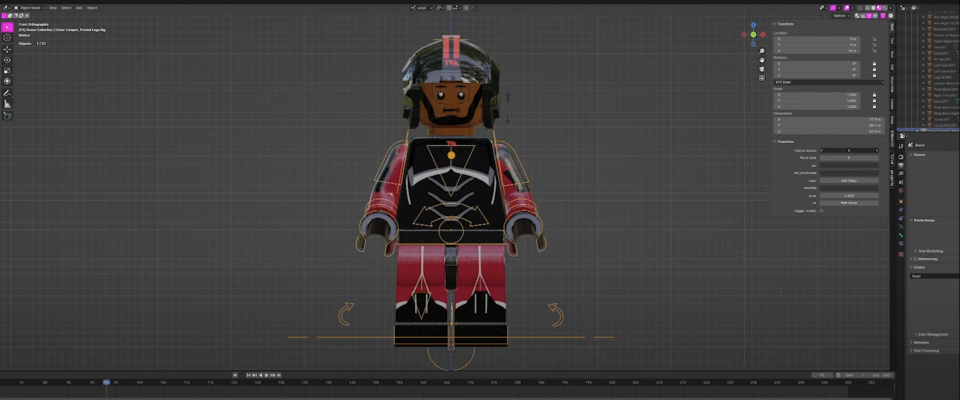 A rig of a LEGO version of a TVA minuteman inside of Blender. 