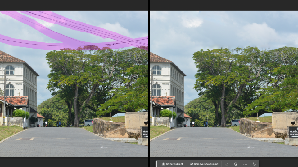 Comparison showing the effect of the Remove Tool in Adobe Photoshop CC (2023)