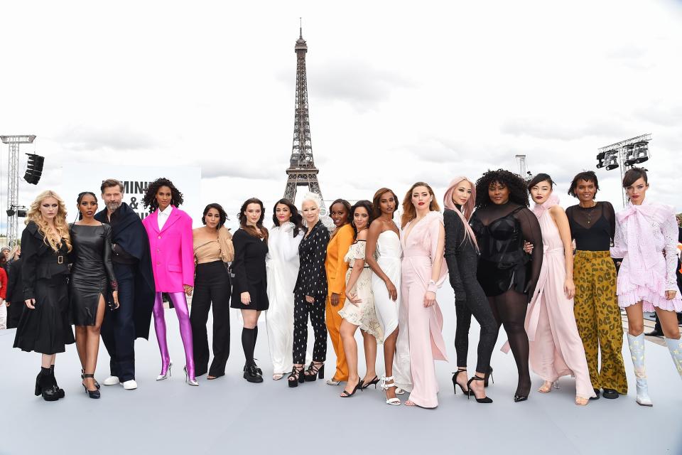 Jaha Dukureh, Nicolaj Coster Waldau, Cindy Bruna, Leïla Bekhti, Katherine Langford, Aishwarya Rai, Helen Mirren, Aja Naomi King, Nidhi Sunil, Amber Heard, Soo Joo Park, Yseult, Liya Kebede and Luma Grothe pose on the runway after the "Le Defile L'Oreal Paris 2021" Womenswear Spring/Summer 2022 show as part of Paris Fashion Week on October 03, 2021 in Paris, France.