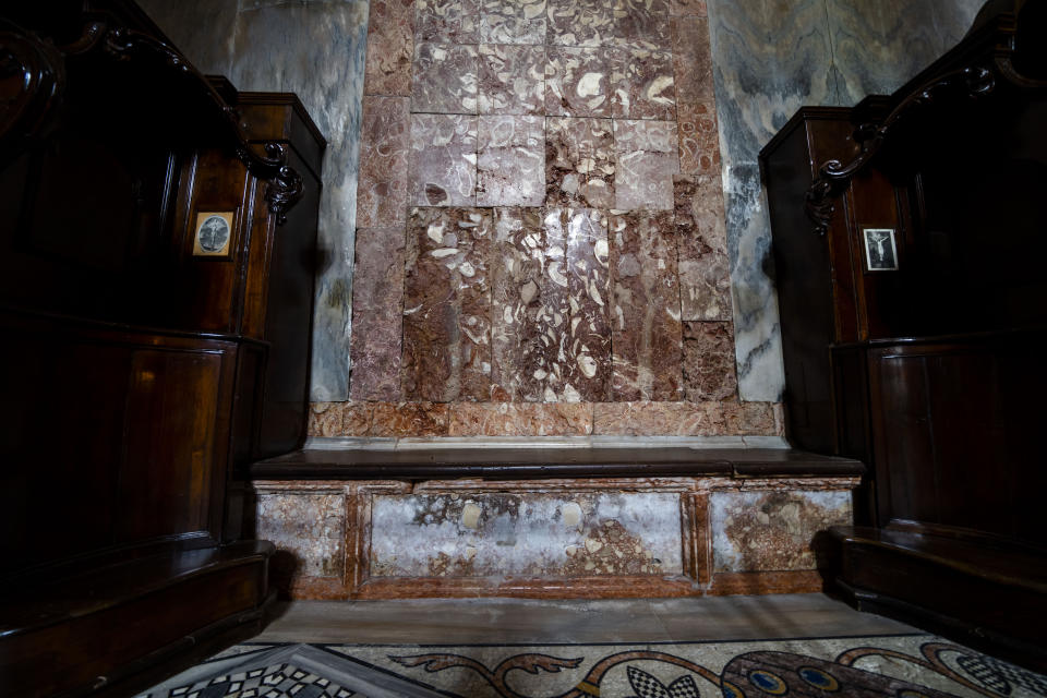 Signs of erosion are visible inside St. Mark's Basilica in Venice, northern Italy, Wednesday, Dec. 7, 2022. Glass barriers that prevent seawater from flooding the 900-year-old iconic Venice's Basilica during high tides have been recently installed in St. Mark's Square which is the lowest-laying city area and frequently ends up underwater during extreme weather. (AP Photo/Domenico Stinellis)