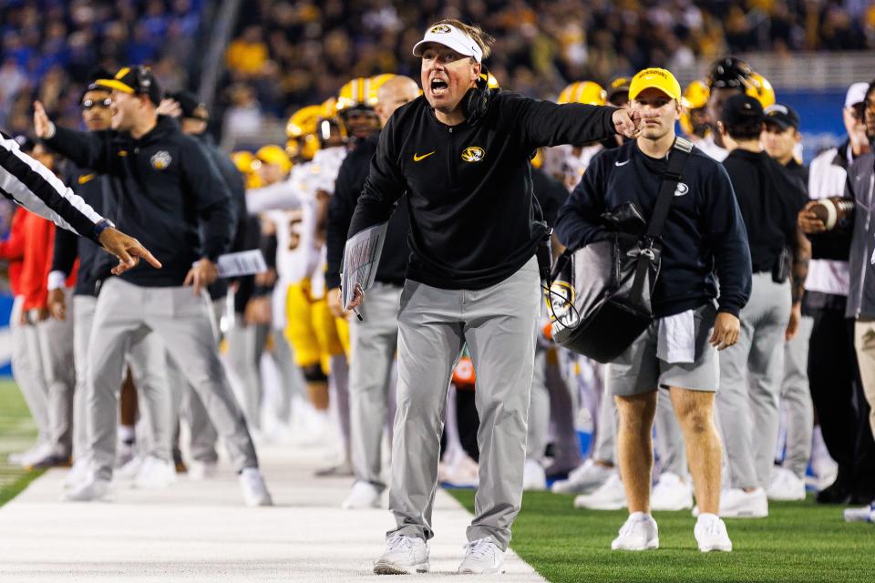 Oct 14, 2023; Lexington, Kentucky, USA; Missouri Tigers head coach Eliah Drinkwitz reacts after a play during the second quarter against the Kentucky Wildcats at Kroger Field.