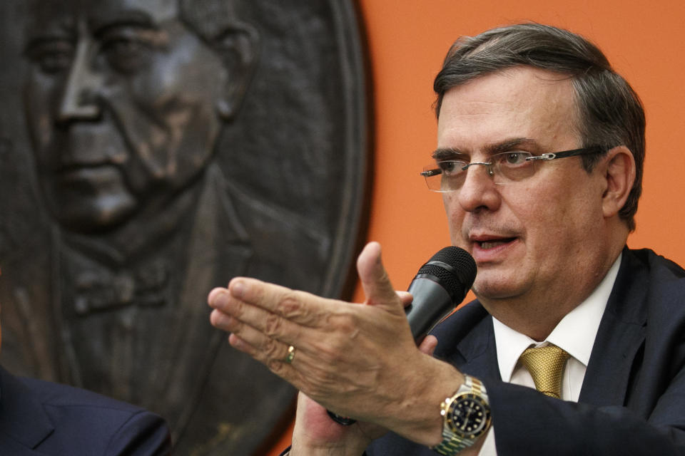 Marcelo Ebrard, Mexico's Secretary of Foreign Affairs, gestures while speaking at the Embassy of Mexico, Wednesday June 5, 2019, in Washington. (AP Photo/Jacquelyn Martin)