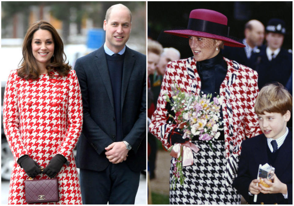 <p><strong>When: Jan. 31, 2018</strong><br>The houndstooth <a rel="nofollow" href="https://ca.style.yahoo.com/kate-middleton-mirrors-princess-diana-215425040.html" data-ylk="slk:drew comparison to the late Princess Diana;elm:context_link;itc:0;sec:content-canvas;outcm:mb_qualified_link;_E:mb_qualified_link;ct:story;" class="link  yahoo-link">drew comparison to the late Princess Diana</a> — she wore a similar pattern while attending Princess Eugenie’s Christening at Sandringham in 1990. <em> (Photo: Getty)</em> </p>