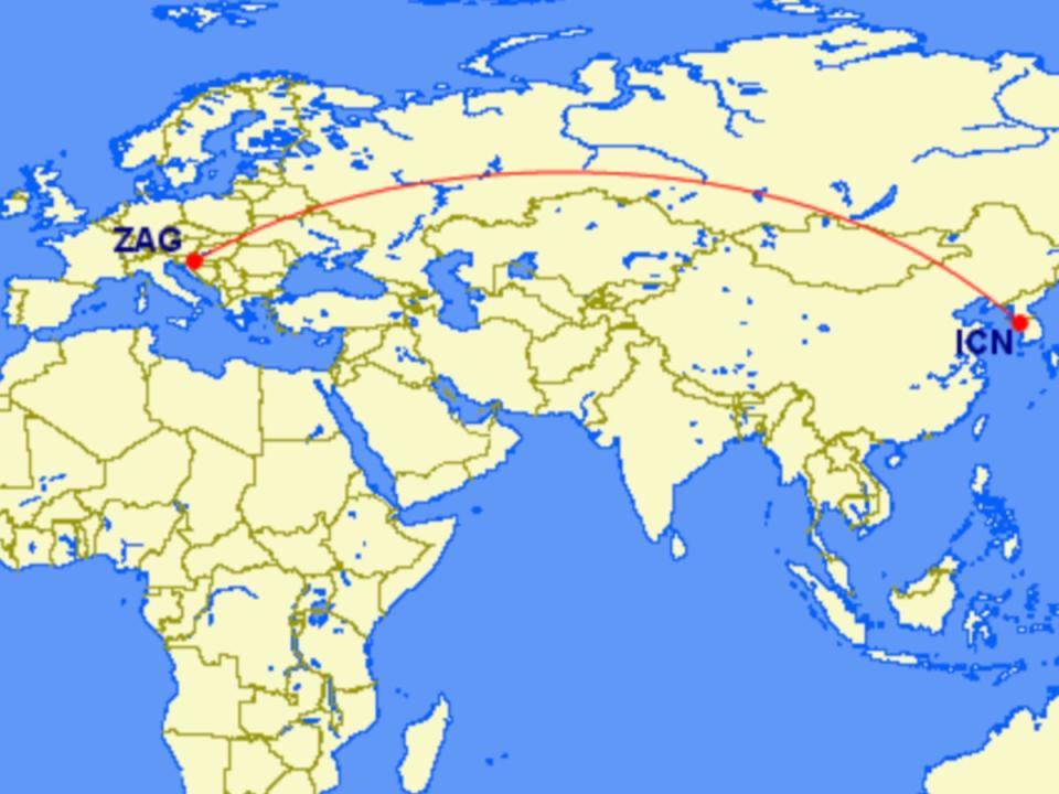 Fast track: the most direct route between Zagreb (ZAG) and South Korea’s main airport, Incheon (ICN) (Great Circle Mapper)