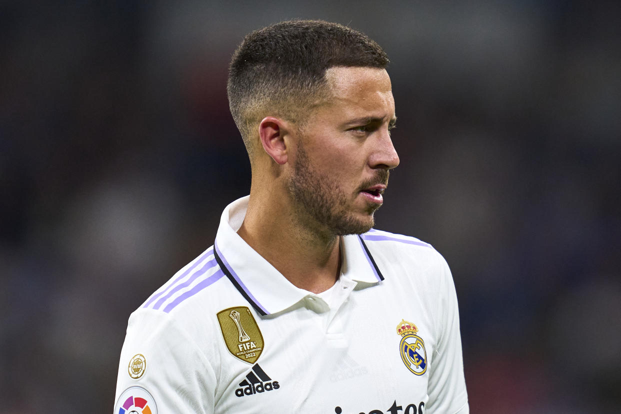 MADRID, SPAIN - MAY 13: Eden Hazard of Real Madrid looks on during the LaLiga Santander match between Real Madrid CF and Getafe CF at Estadio Santiago Bernabeu on May 13, 2023 in Madrid, Spain. (Photo by Diego Souto/Quality Sport Images/Getty Images)