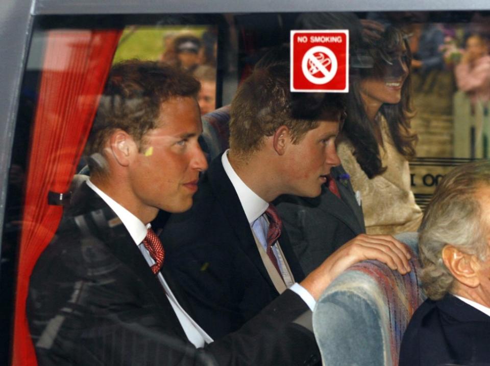 Prince William (from left), Prince Harry and Middleton arriving at the wedding of Laura Parker Bowles on May 6, 2006. PA Images via Getty Images