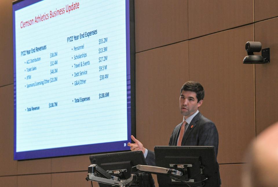 Graham Neff, Athletic Director, gives the Clemson Athletics Business Update during the Clemson University Board of Trustees meeting at the School of Business Friday, July 22, 2022. 