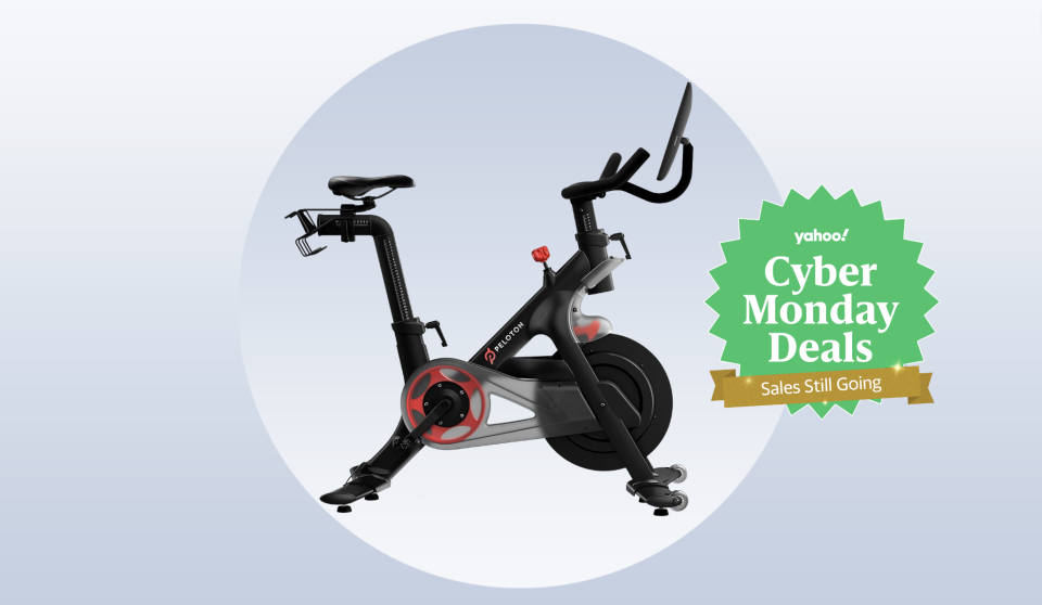 a peloton bike with a badge that says Yahoo! Cyber Monday Deals: Sales Still Going