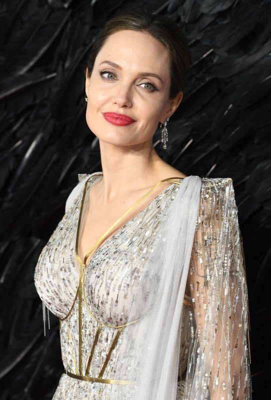 Angelina Jolie attends the premiere of "Maleficient: Mistress Of Evil" at Odeon Imax Waterloo in London on October 9, 2019. The actor turns 49 on June 4. File Photo by Rune Hellestad/UPI