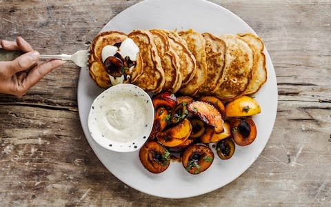 Buttermilk pancakes with balsamic-cured stone fruit