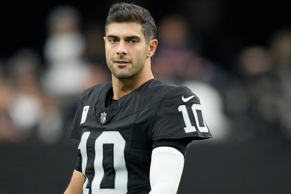 Las Vegas Raiders quarterback Jimmy Garoppolo looks on before an NFL football game against, Jan. 7, 2024, in Las Vegas.