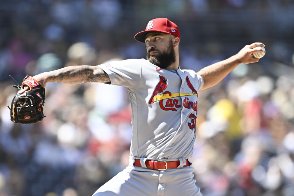 St. Louis Cardinals starting pitcher Drew Rom delivers during the first inning of a baseball game against the San Diego Padres, Sunday, Sept. 24, 2023, in San Diego. (AP Photo/Denis Poroy)