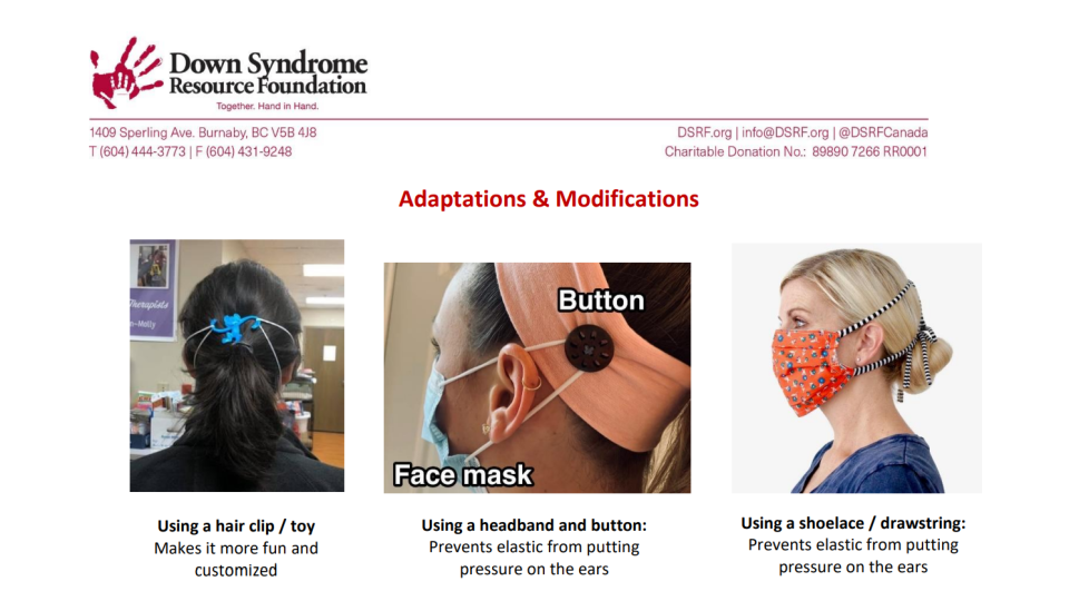 A screen grab from an informational handout on masks and Down syndrome children by the Down Syndrome Resource Foundation, which Sofia's teachers referenced in their decision to tie her mask with a cord. The handout supported mask adaptations to enhance comfort and fit, including using hair clips and shoe laces to secure a mask behind the head