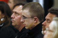 <p>Micah Fletcher, a victim of a stabbing attack on a light rail train that left two dead, watches as suspect Jeremy Christian is arraigned in Multnomah County Circuit Court in Portland, Ore., Tuesday, May 30, 2017. (Beth Nakamura/The Oregonian via AP, Pool) </p>