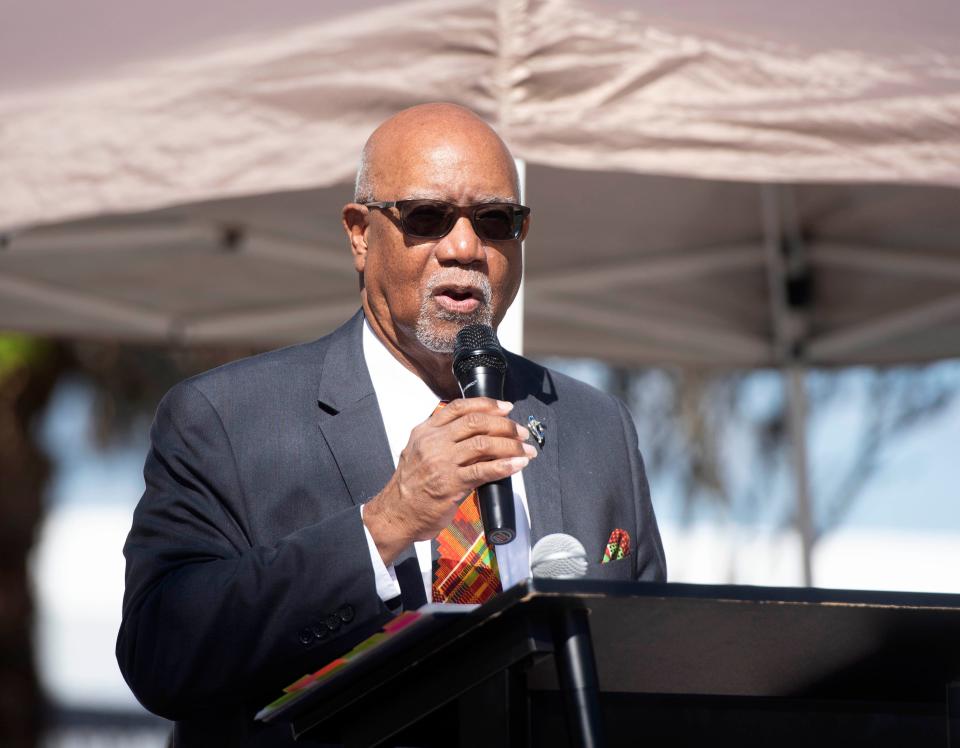 City commissioner Woodrow Hay speaks during the Tuskegee Airmen Monument Dedication Ceremony at Tom Kaiser, USN, Boynton Beach Veterans Memorial Park February 25, 2023. 