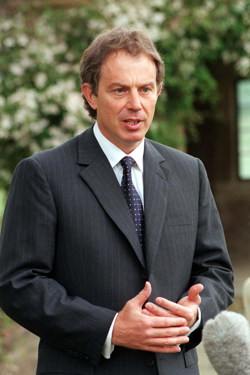 File photo dated 23/05/98 of British Prime Minister Tony Blair speaking during a media conference at Chequers after the announcement of the Northern Ireland referendum. Prime Minister Tony Blair predicted that referendums on the 1998 Good Friday Agreement would end international perceptions that violence in Northern Ireland 