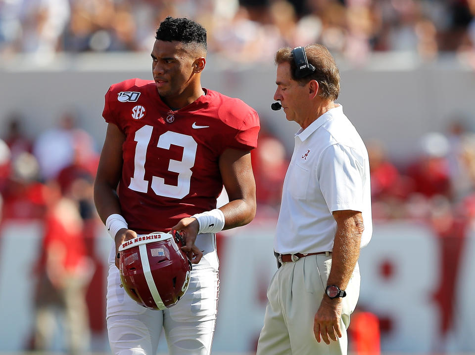 TUSCALOOSA, ALABAMA - SEPTEMBER 07:  Head coach Nick Saban of the Alabama Crimson Tide converses with Tua Tagovailoa #13 against the New Mexico State Aggies at Bryant-Denny Stadium on September 07, 2019 in Tuscaloosa, Alabama. (Photo by Kevin C. Cox/Getty Images)