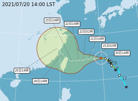 中央氣象局指出，烟花颱風預計週四(22日)逐漸接近臺灣北部。（圖／翻攝自 中央氣象局）