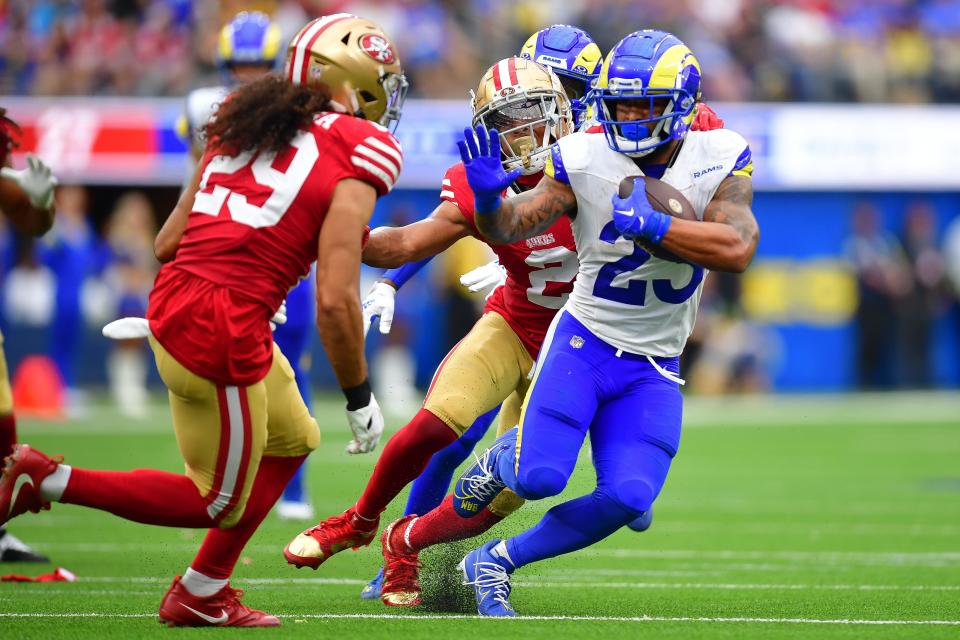 Sep 17, 2023; Inglewood, California, USA; Los Angeles Rams running back Kyren Williams (23) runs the ball against the San Francisco 49ers during the second half at SoFi Stadium. Mandatory Credit: Gary A. Vasquez-USA TODAY Sports