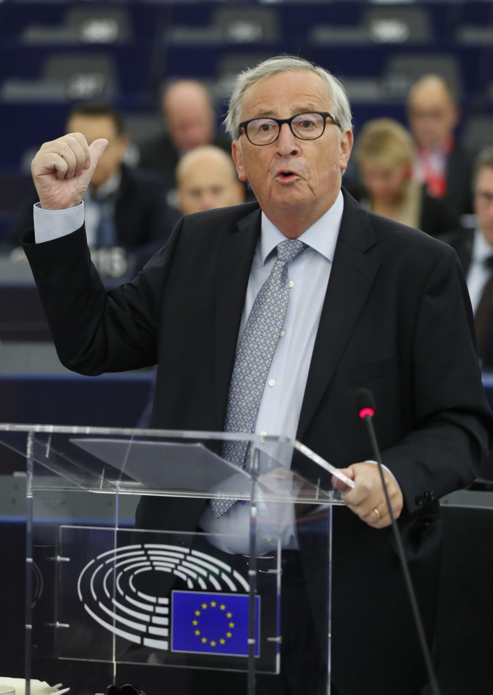 European Commission President Jean-Claude Juncker delivers his speech Wednesday, Sept. 18, 2019 in Strasbourg, eastern France. Members of the European Parliament discuss the current state of play of the UK's withdrawal from the EU. (AP Photo/Jean-Francois Badias)