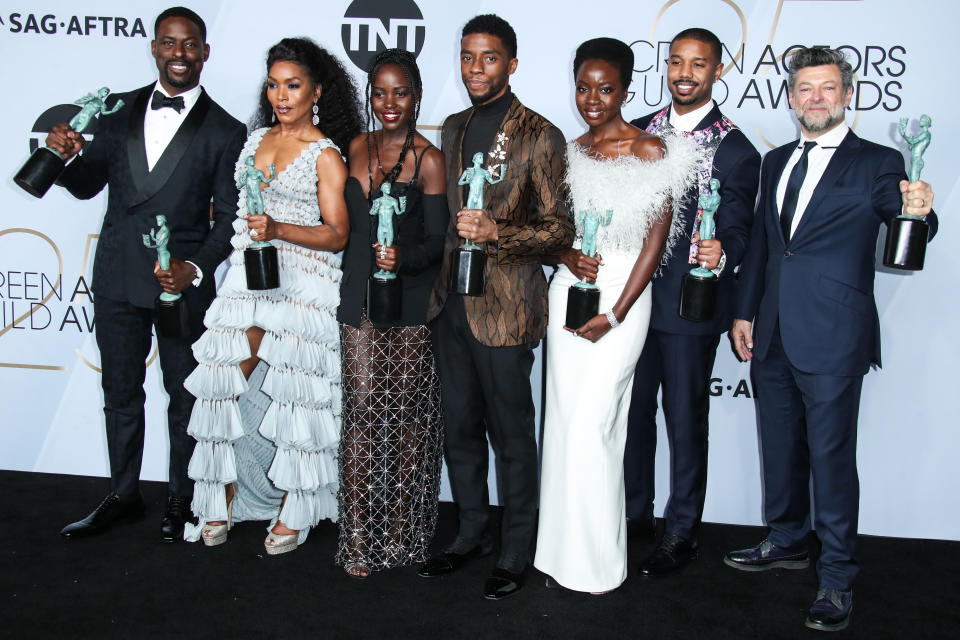 LOS ANGELES, CA, USA - JANUARY 27: Sterling K. Brown, Angela Bassett, Lupita Nyong'o, Chadwick Boseman, Danai Gurira, Michael B. Jordan and Andy Serkis pose in the press room at the 25th Annual Screen Actors Guild Awards held at The Shrine Auditorium on January 27, 2019 in Los Angeles, California, United States. (Photo by Xavier Collin/Image Press Agency/Sipa USA)