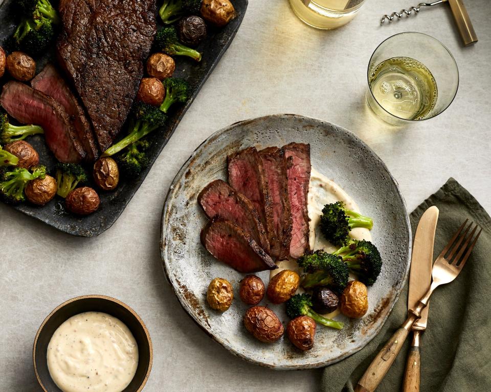 Marinated London Broil with Potatoes, Broccoli, and Roasted Garlic Aioli