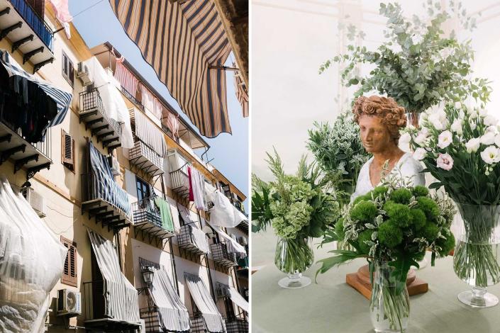 Two photos from Sicily, one showing curtains billowing on apartment terraces, and another shows a bust and vases with greenery