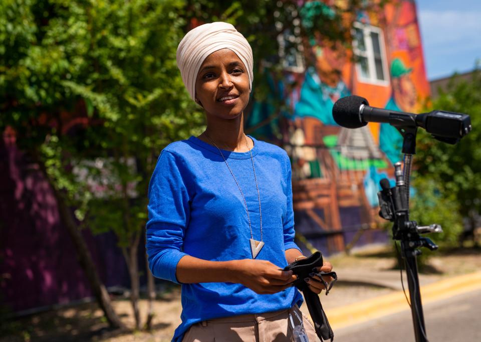 Rep. Ilhan Omar (D-Minn.) addresses reporters in Minneapolis on Tuesday. Antone Melton-Meaux gave her an unexpectedly tough challenge in the state's Democratic primary election. (Stephen Maturen/Getty Images)