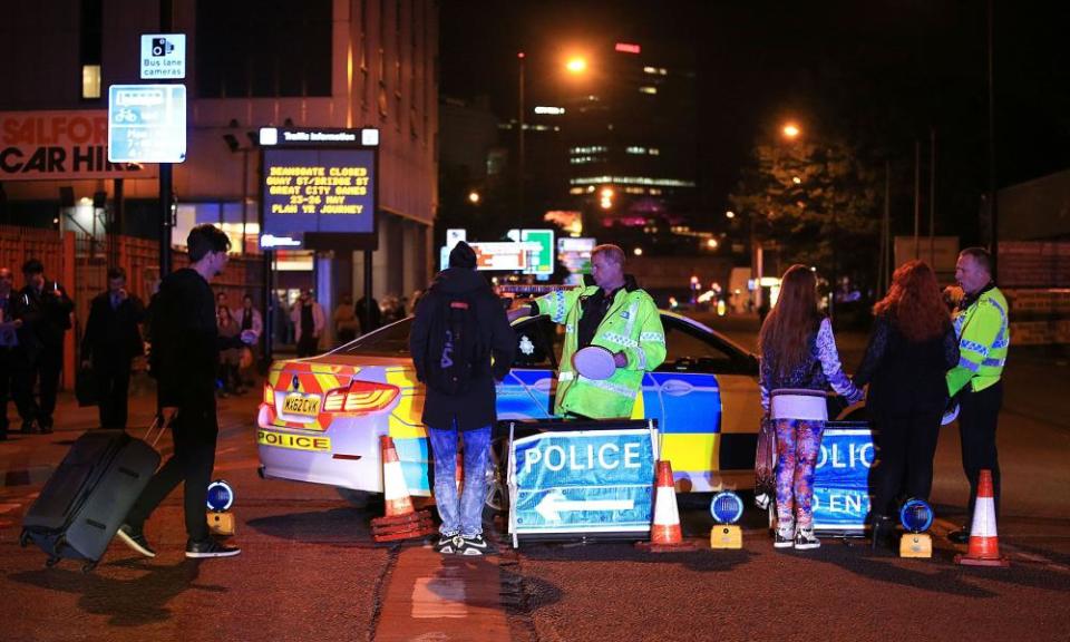 Emergency services outside Manchester Arena after the attack.