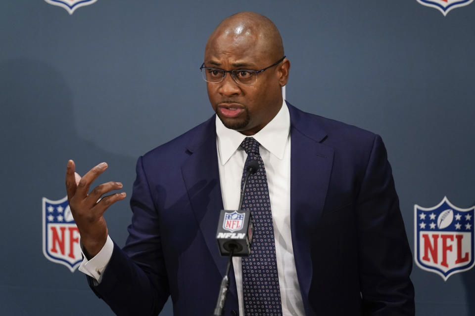 FILE - Troy Vincent, Executive Vice President of Football Operations at the NFL, speaks to reporters during NFL meetings in New York, Tuesday, Oct. 26, 2021. Fathers hiring sons or recommending them to friends can unwittingly perpetuate the sport’s long struggle with consistently placing minority-race coaches in the top roles. NFL executive vice president of football operations Troy Vincent called out the issue in his introductory message published in both the 2020 and 2021 reports. (AP Photo/Seth Wenig, File)