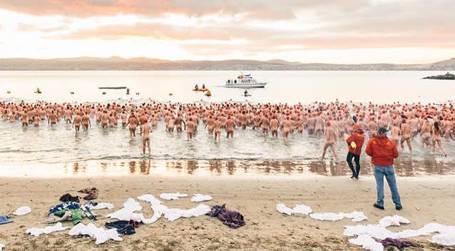 A towel shortage didn't deter swimmers from the icy waters. Source: Facebook/ Dark Mofo Festival