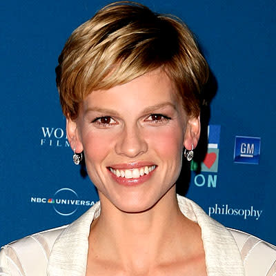 Hilary Swank wearing her new blonde hair color.