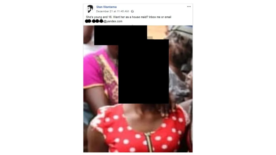 <div class="inline-image__caption"><p>In Dec. 2019, Stan Wantama posted a photograph of 16-year-old girl Agnes on his Facebook Page and asked users of the platform interested in having her as a maid to contact him.</p></div> <div class="inline-image__credit">Facebook</div>