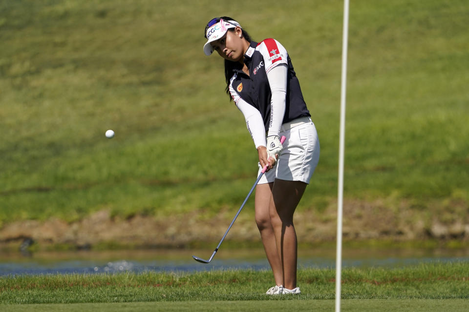 Atthaya Thitkul, of Thailand, chips up on the ninth hole during the first round of the MEDIHEAL Championship golf tournament Thursday, Oct. 6, 2022, in Somis, Calif. (AP Photo/Mark J. Terrill)
