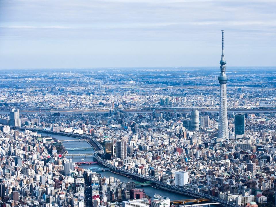 A birds-eye view of Tokyo and one of the city's rivers.