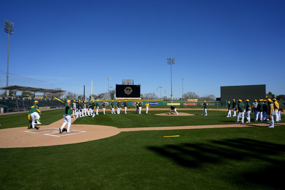 The Oakland Athletics run drills during a baseball spring training workout, Friday, Feb. 16, 2024, in Mesa, Ariz. (AP Photo/Matt York)