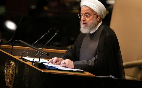 Hassan Rouhani, Iran's president, speaks during the UN General Assembly meeting in New York - Credit: Bloomberg