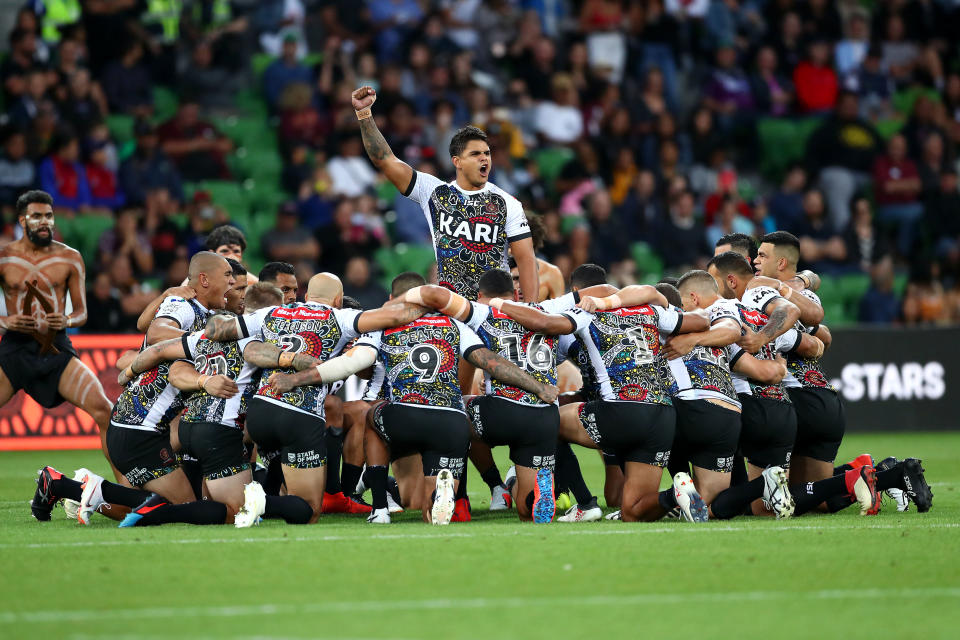Latrell Mitchell of the Indigenous All Stars performs an Indigenous war cry during the NRL exhibition match between the Indigenous All Stars and the Maori All Stars at AAMI Park on February 15, 2019 in Melbourne, Australia.