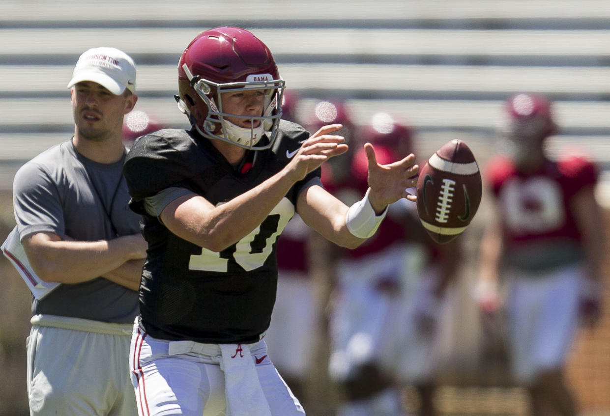 Alabama quarterback Mac Jones (10) works through drills during Alabama’s spring football scrimmage, Saturday, April 8, 2017, at Bryant-Denny Stadium in Tuscaloosa, Ala. (Vasha Hunt/AL.com via AP)