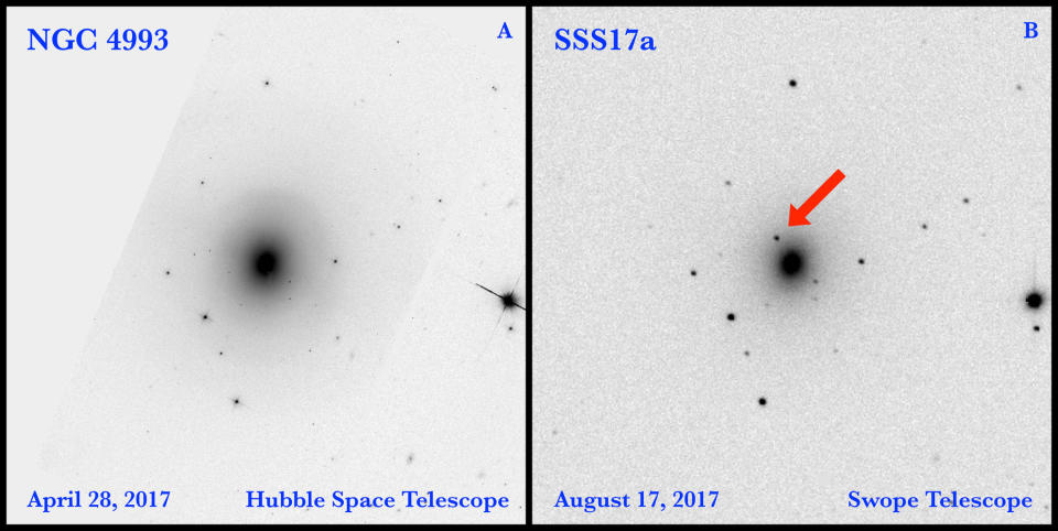 Right: An image taken on Aug. 17, 2017, with the Swope Telescope at the Las Campanas Observatory in Chile shows the light source generated by a neutron-star merger in the galaxy NGC 4993. Left: In this photo taken on April 28, 2017, with the Hubble Space Telescope, the neutron star merger has not occurred and the light source, known as SSS17a, is not visible. <cite>D.A. Coulter, et al.</cite>