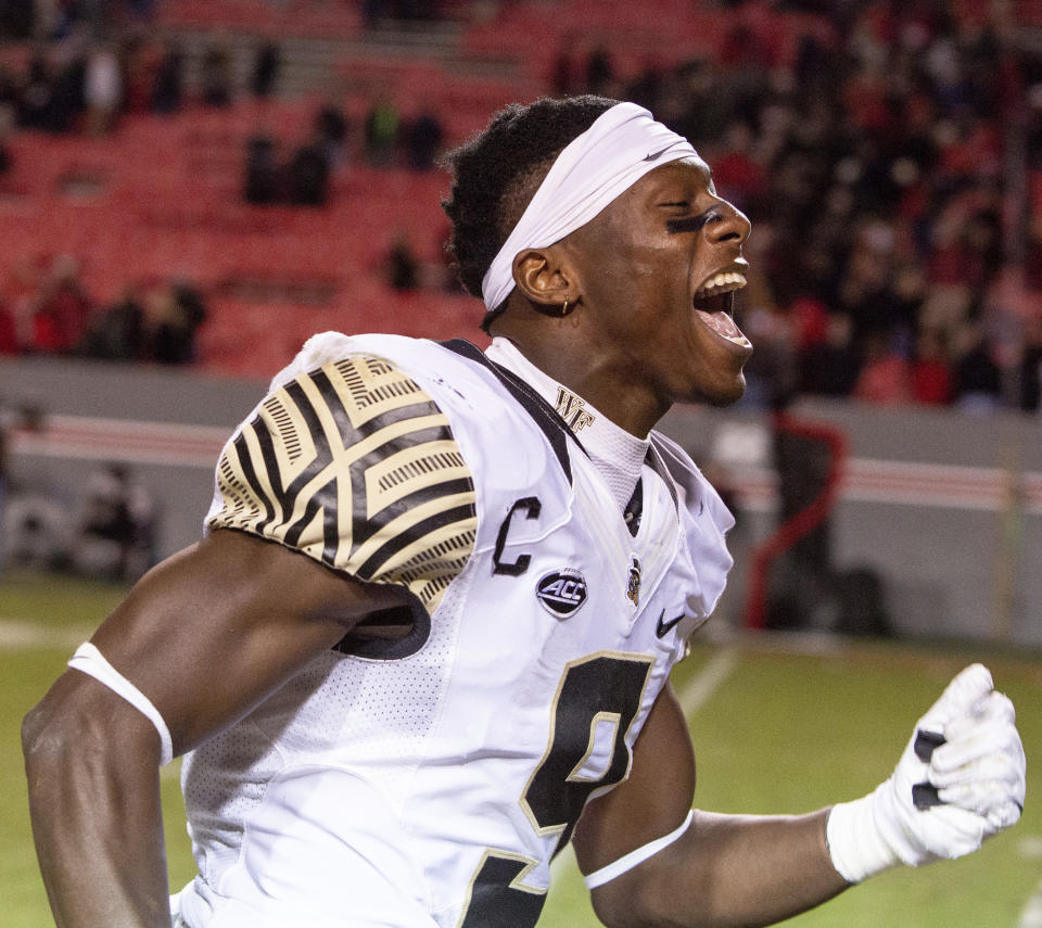 Wake Forest's Chuck Wade Jr. celebrates after defeating North Carolina State in an NCAA college football game in Raleigh, N.C., Thursday, Nov. 8, 2018. (AP Photo/Ben McKeown)