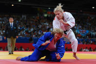 Kayla Harrison of the United States (white) and Gemma Gibbons of Great Britain compete in the Women's -78 kg Judo on Day 6 of the London 2012 Olympic Games at ExCeL on August 2, 2012 in London, England. (Photo by Laurence Griffiths/Getty Images)