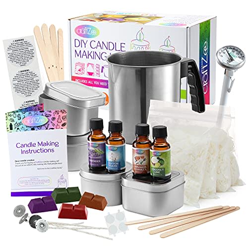 CraftZee Candle Making Kit for Adults Beginners - Soy Candle Making Kit Includes Soy Wax, Scents, Wicks, Dyes, Tins, Melting Pot & More DIY Candle Making Supplies (Amazon / Amazon)