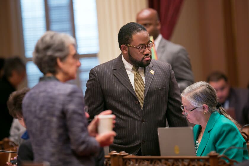 SACRAMENTO, CALIF. -- THURSDAY, JULY 9, 2015: Assemblymember Sebastian Ridleyâ€"Thomas talks to fellow lawmakers at the Statehouse Capitol, in Sacramento, Calif., on July 9, 2015. (Marcus Yam / Los Angeles Times)