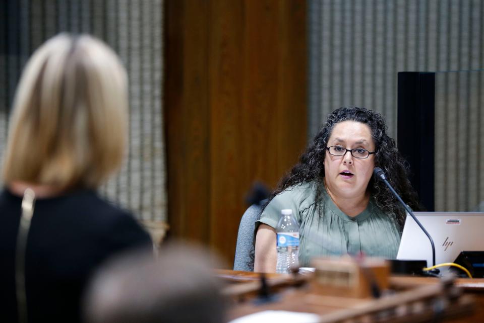 Springfield City Councilwoman Angela Romine speaks to Springfield-Greene County Health Department Director Katie Towns during a council meeting on Monday, Aug. 23, 2021.