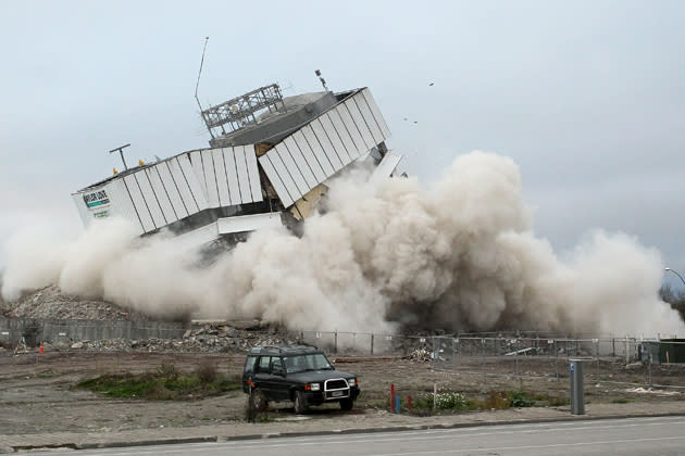 Earthquake Damaged Building Blown Up In Controlled Demolition