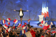 <p>French Far-right leader presidential candidate Marine Le Pen gestures at the start of a conference in Nantes, western France, Sunday, Feb. 26, 2017.(Photo: David Vincent/AP) </p>