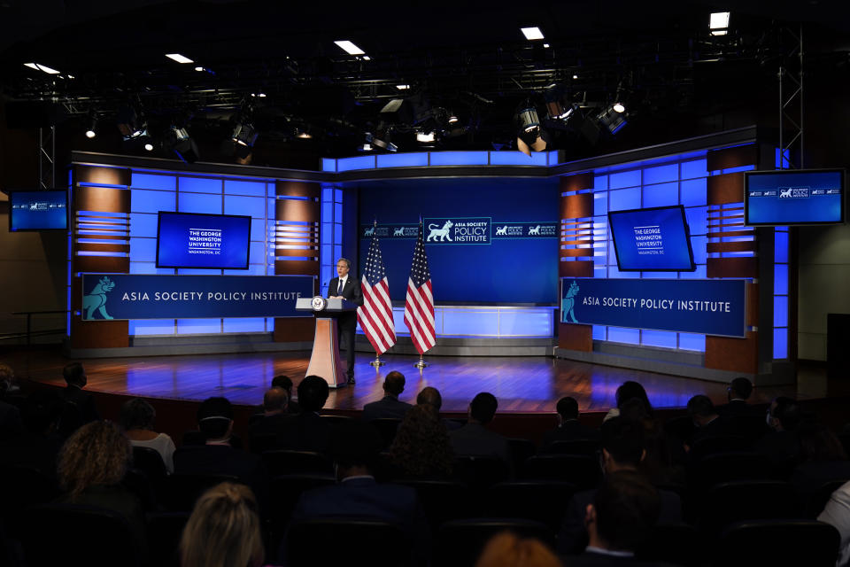 Secretary of State Antony Blinken speaks at George Washington University in Washington, Thursday, May 26, 2022, outlining the administration's policy toward China at an event hosted by the Asia Society. (AP Photo/ Carolyn Kaster)