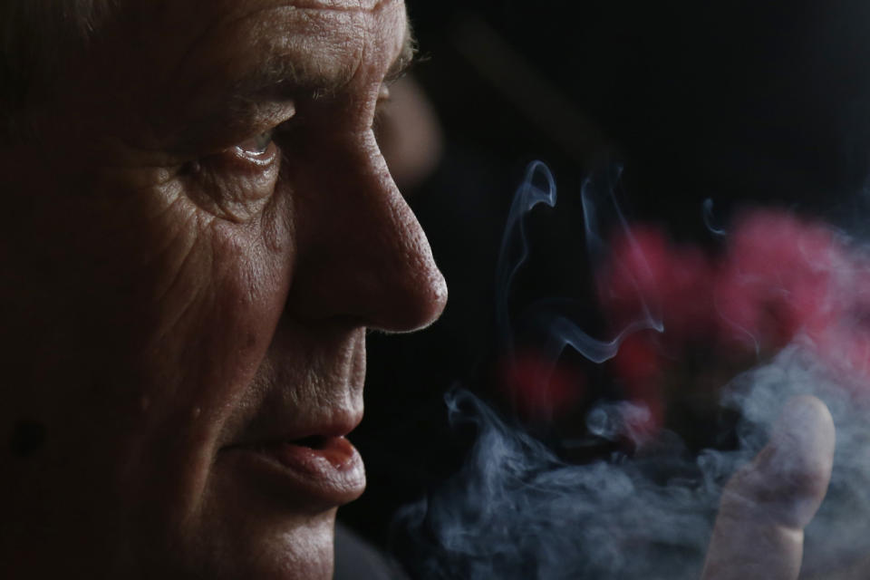 FILE - In this Friday, Jan. 4, 2013 file photo, Presidential candidate Milos Zeman smokes a cigarette prior the Television debate in Prague, Czech Republic. Wednesday, March 8, 2023 marks the final day in office of outgoing Czech President Milos Zeman, with his opponents planning to celebrate. Zeman has polarized the Czechs during his two five-year terms in the normally largely ceremonial post with his support for closer ties with China and by being a leading pro-Russian voice in European Union politics.(AP Photo/Petr David Josek/File)